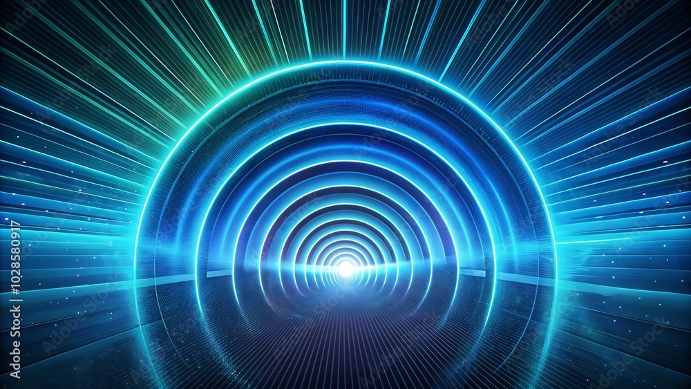 Futuristic Tunnel with Glowing Blue Rings and Bright Light at the Center, Creating Depth and Movement Futuristic Tunnel with Glowing Blue Rings and Bright Light at the Center, Creating Depth and Movement