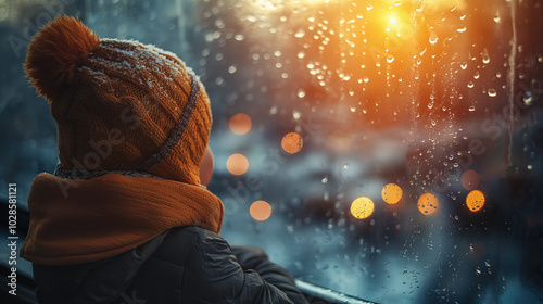Illustration AI child looking through a rainy window during sunset. Cold concept, home.