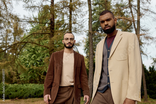 Two dapper men showcase chic autumn outfits while confidently posing in a tranquil natural landscape.