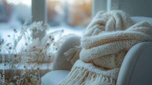 Illustration AI cozy white knitted blanket on chair by frosty winter window. Cold concept, home.
