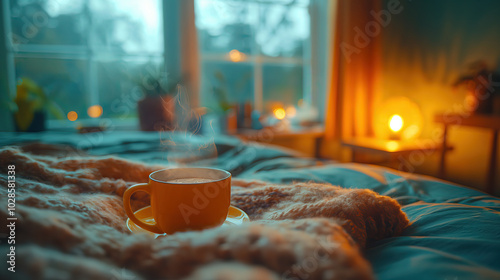 Illustration AI steaming cup of coffee on a cozy bed in a warm, softly lit room. Cold concept, home.