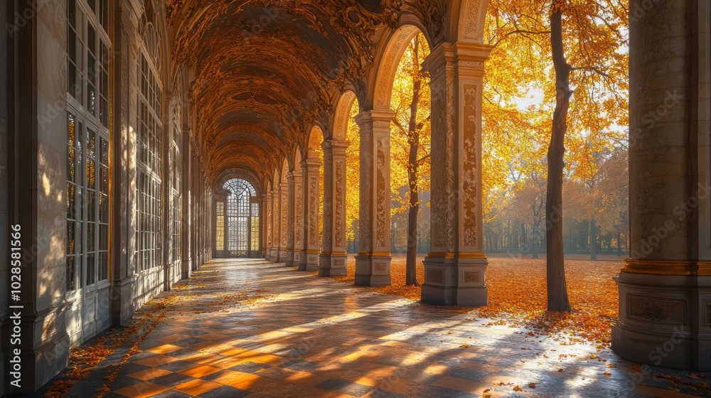 Sunlit Colonnade with Golden Autumn Foliage Sunlit Colonnade with Golden Autumn Foliage