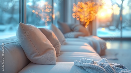 Illustration AI cozy living room with soft pillows and warm bokeh lights during winter sunset. Home.