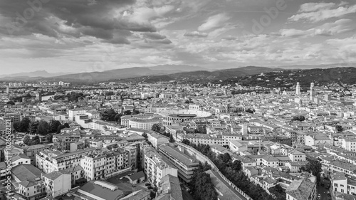 Panoramic black and white view of Verona, Italy.