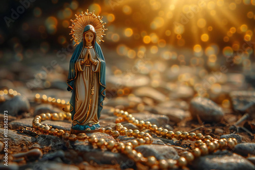 Feast of the Immaculate Conception. A simple yet elegant close-up of a rosary and a small figurine of the Virgin Mary, representing faith and devotion to the Immaculate Conception.