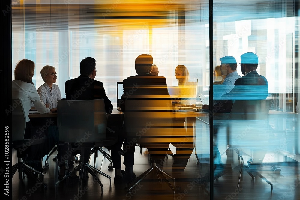 Obraz premium Business team engaged in a dynamic meeting within a conference room, featuring blurred motion and window reflections, showcasing a lively atmosphere.