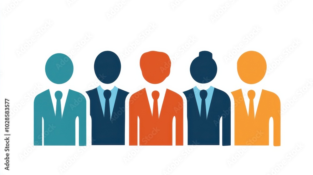 Five stylized figures in business attire representing a professional group. Five stylized figures in business attire representing a professional group.