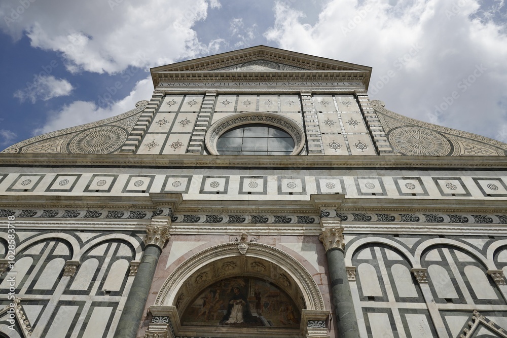 A detailed view of the facade of the Basilica of Santa Maria Novella in Florence. A detailed view of the facade of the Basilica of Santa Maria Novella in Florence.