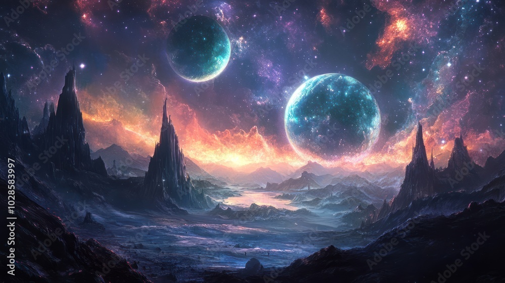 A Starry Sky Over a Mountainous Alien Landscape with Two Planets A Starry Sky Over a Mountainous Alien Landscape with Two Planets