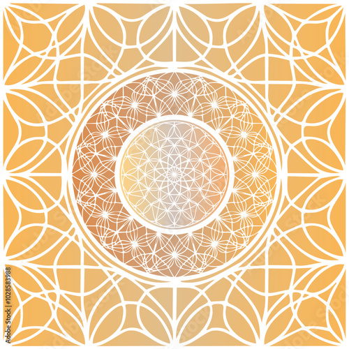 Mandala d'Energie, Roue, Cercle, Design pour Méditation, Elément Décoratif, Jaune Doré Or, représentant l'Unité, l'Univers, le Cosmos, la Source, l'Essence