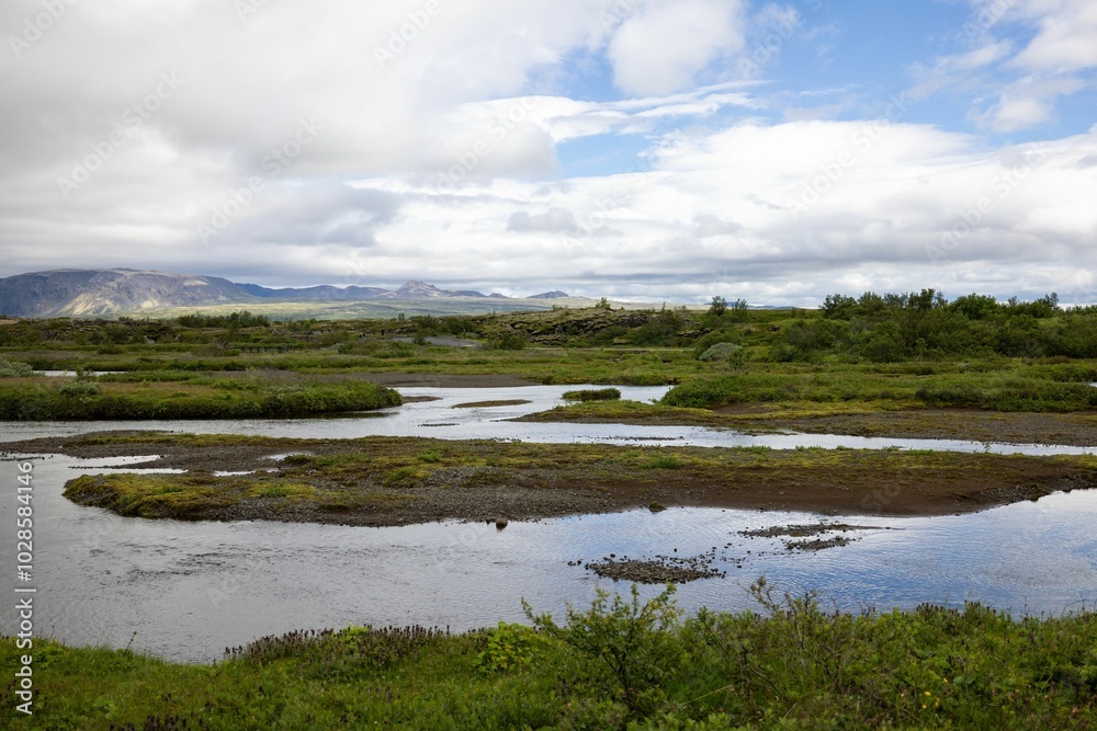 Fototapeta premium Scenic view of a lush green landscape with a meandering river under a partly cloudy sky.