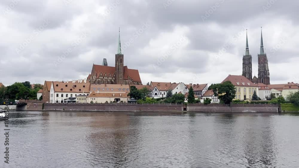 Overlooking Cathedral Island from other side of River Odra on a moody and grey morning in Wrocław, Poland Overlooking Cathedral Island from other side of River Odra on a moody and grey morning in Wrocław, Poland
