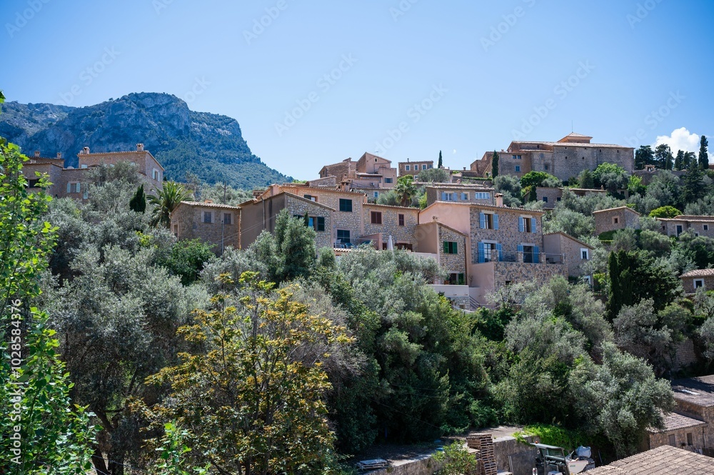 Obraz premium Picturesque Mediterranean village with stone houses nestled in lush greenery under a clear blue sky