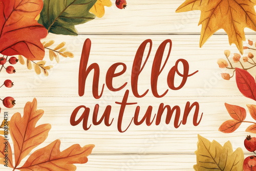 A colorful autumn scene with leaves and berries Watercolor autumn wreath with leaves and berries on a white wood background, text 