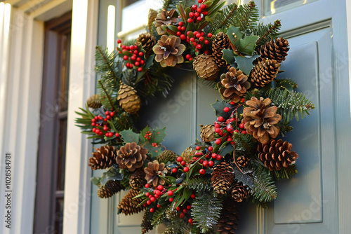 St. Barbara's Day (various countries). An outdoor photo of an elaborate St. Barbara's Day wreath hanging on a door, surrounded by pine cones and holly berries.