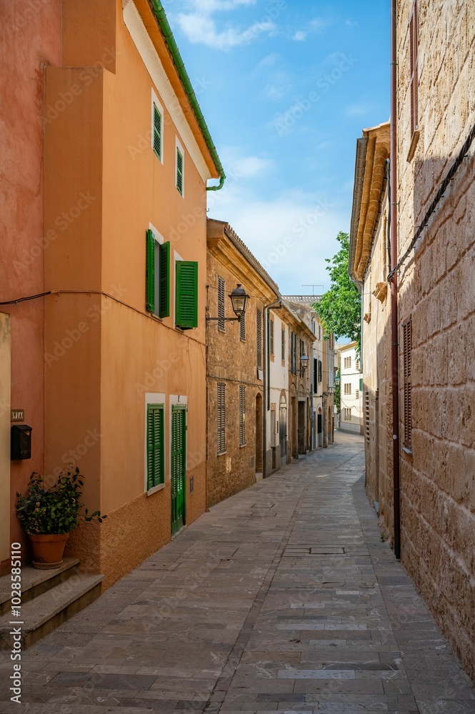 Charming Mediterranean village street with colorful buildings. Charming Mediterranean village street with colorful buildings.