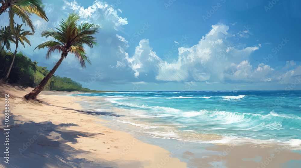 Tranquil beach with clear blue water, soft white sand, gentle waves lapping at the shore, palm trees swaying in the breeze, a peaceful paradise
