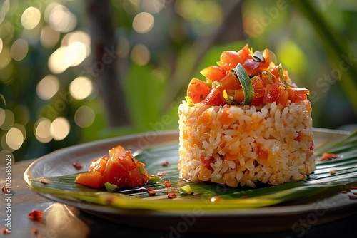 Independence Day (Burundi). A macro shot of a homemade Burundian dish like isombe or imboga beautifully plated on a banana leaf, representing the rich culinary traditions. photo