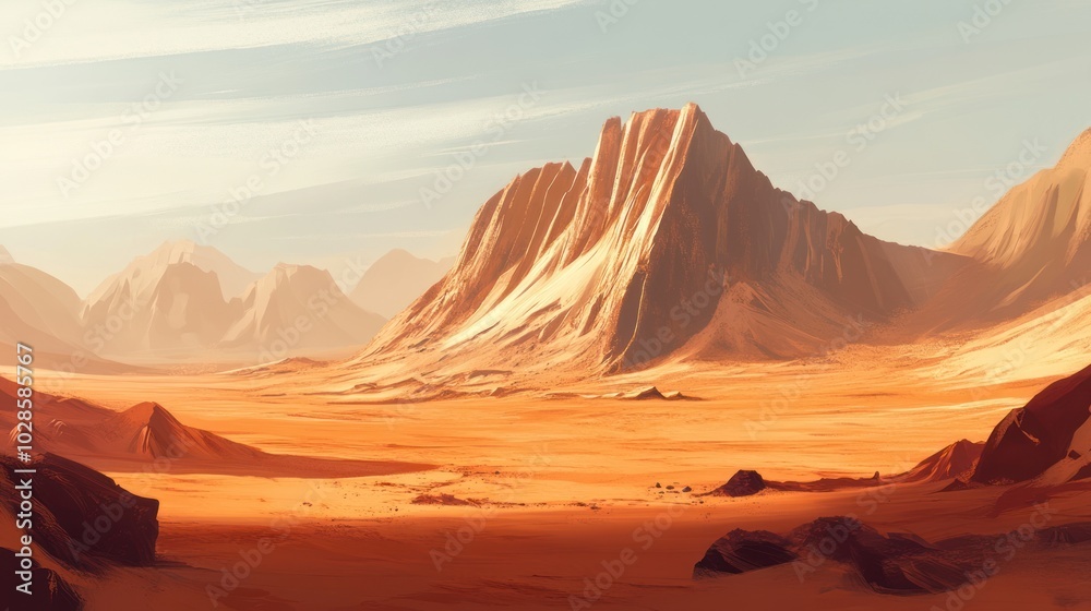 A Majestic Mountain Range Rises Above a Vast, Sandy Desert A Majestic Mountain Range Rises Above a Vast, Sandy Desert