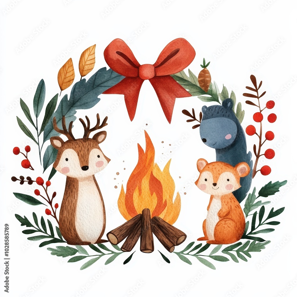Naklejka premium Cute Watercolor Woodland Animals Around Campfire.