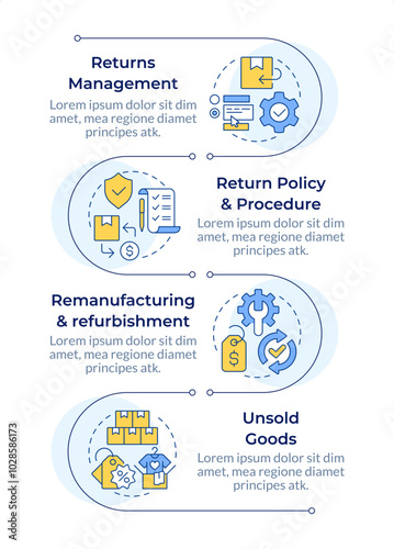 Reverse logistics processes infographic vertical sequence. Return management. Return policy. Visualization infochart with 4 steps. Circles workflow. Montserrat SemiBold, Lato Regular fonts used