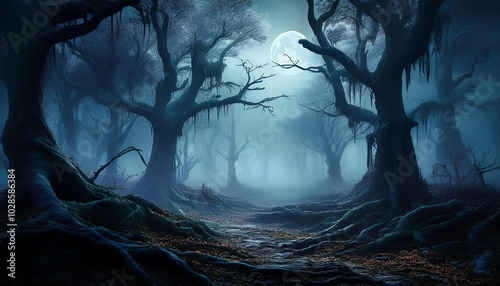 Fototapeta Naklejka Na Ścianę i Meble -  Dark foggy forest with big trees and full moon. Twisted shadows. Mysterious scenery.