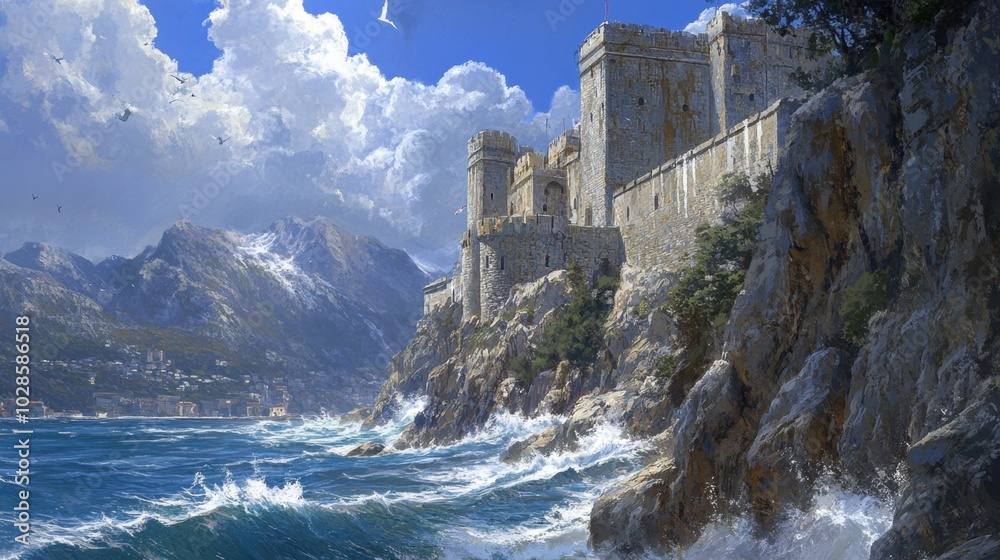 Majestic Castle on Rocky Coastline Under Dramatic Sky Majestic Castle on Rocky Coastline Under Dramatic Sky