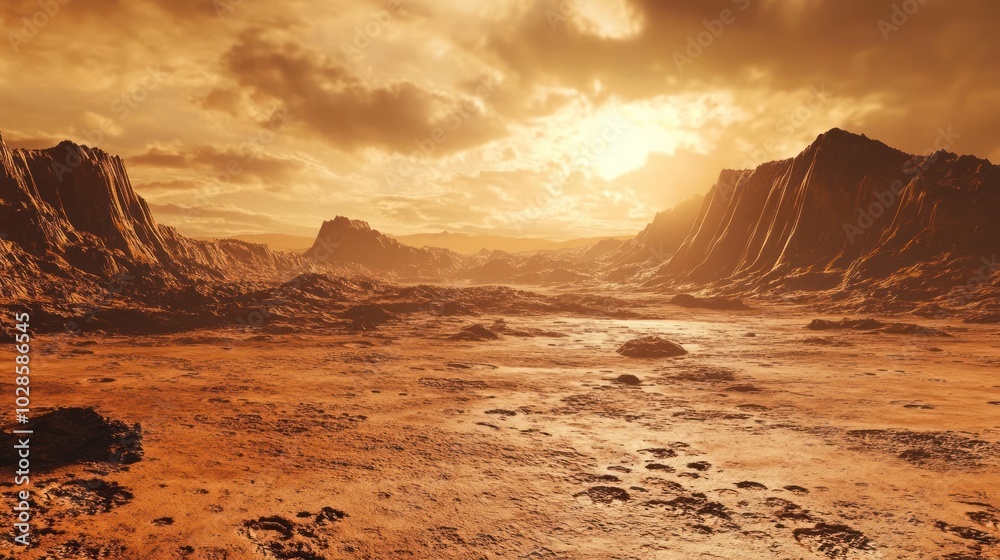 A Martian Landscape with Sunlit Clouds and Rocky Mountains A Martian Landscape with Sunlit Clouds and Rocky Mountains