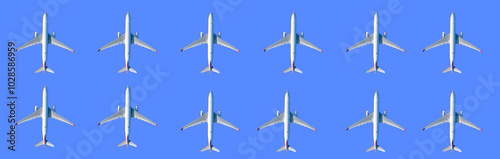 A set of passenger aircraft on a blue background