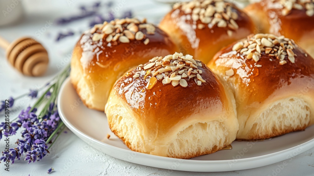 Brioche rolls topped with honey and almonds, isolated on a white plate background with decorative lavender sprigs and honeycomb Brioche rolls topped with honey and almonds, isolated on a white plate background with decorative lavender sprigs and honeycomb