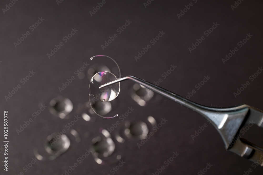Tweezers holding a contact lens with multiple lenses on a dark background. Tweezers holding a contact lens with multiple lenses on a dark background.