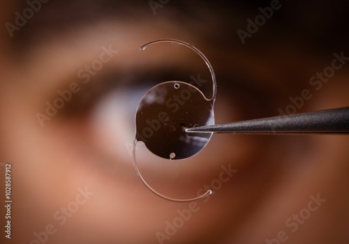 Wallpaper Mural Close-up of intraocular lens held by tweezers with blurred eye in background Torontodigital.ca
