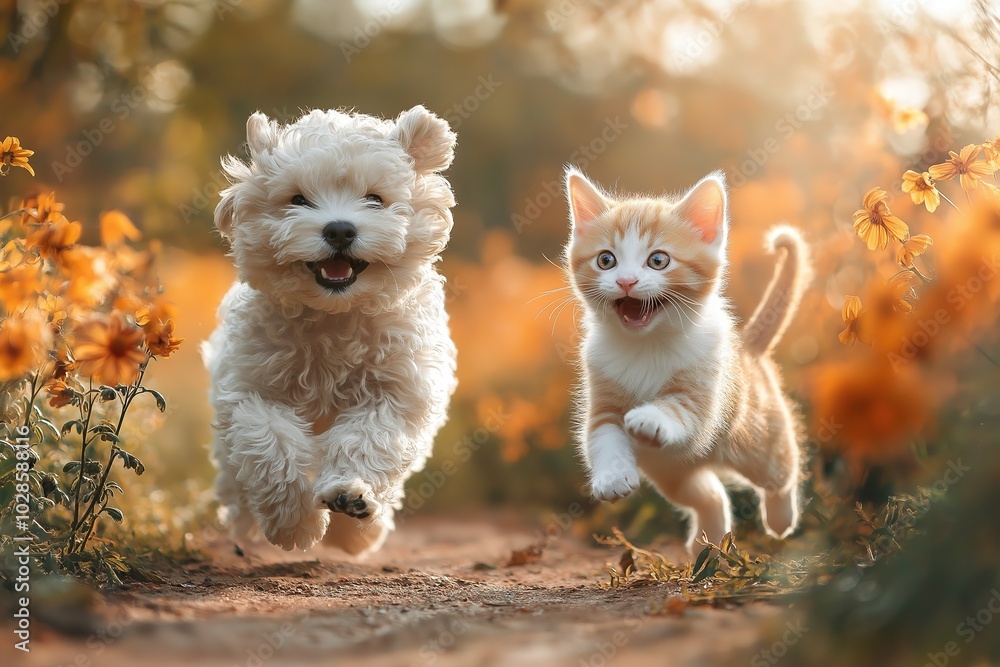A puppy and kitten joyfully running together in a vibrant flower garden during a sunny afternoon A puppy and kitten joyfully running together in a vibrant flower garden during a sunny afternoon