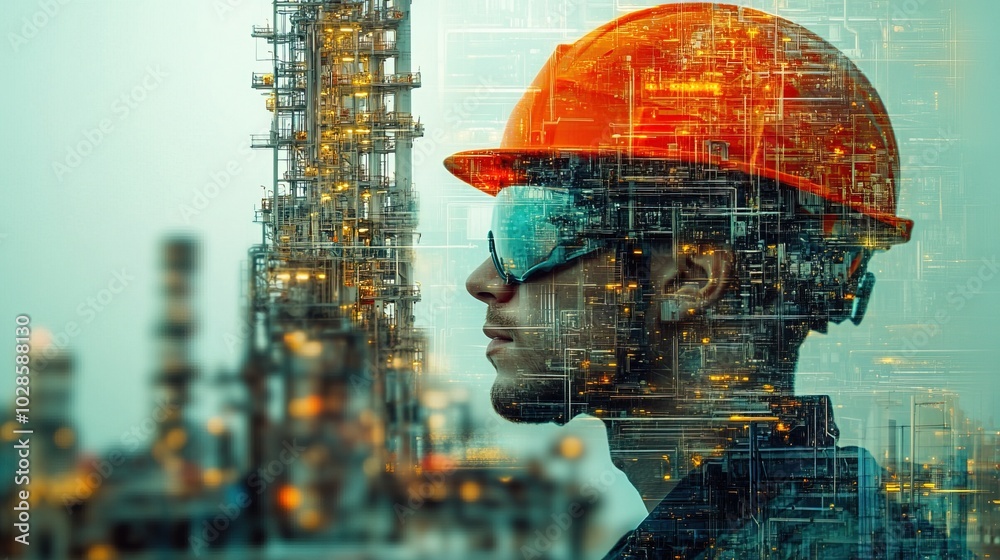 An engineer in a helmet overlaid on oil and gas industry equipment An engineer in a helmet overlaid on oil and gas industry equipment