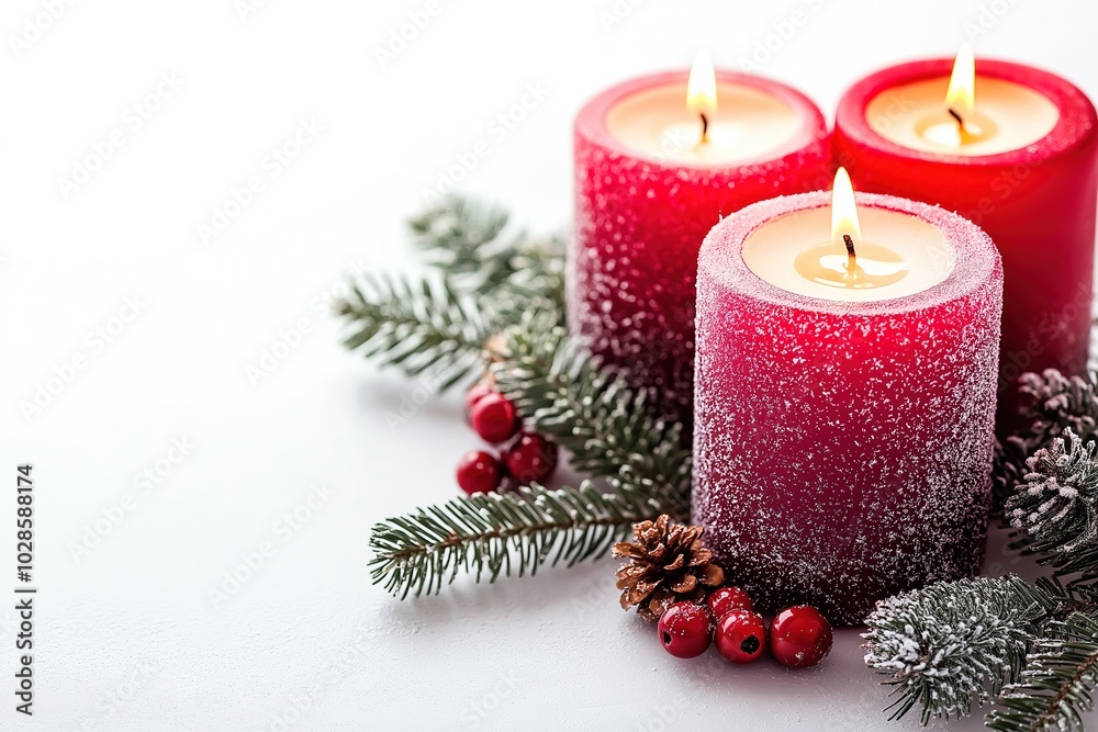 Red candles with pine branches and berries creating a cozy atmosphere on a white background Red candles with pine branches and berries creating a cozy atmosphere on a white background