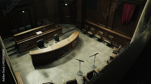 Overhead shot of a courtroom, with focus on the witness stand and microphones