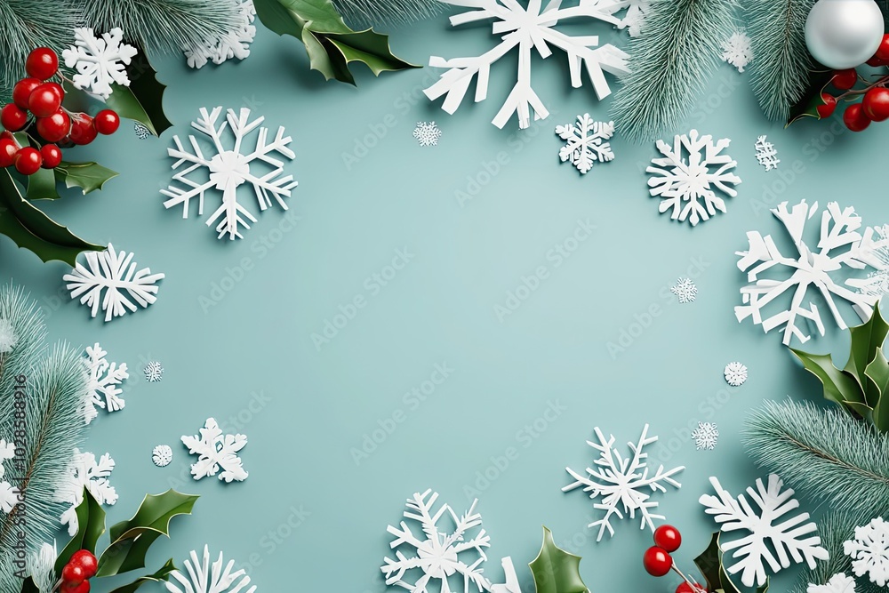 White Snowflakes, Holly, and Pine Branches on a Blue Background White Snowflakes, Holly, and Pine Branches on a Blue Background
