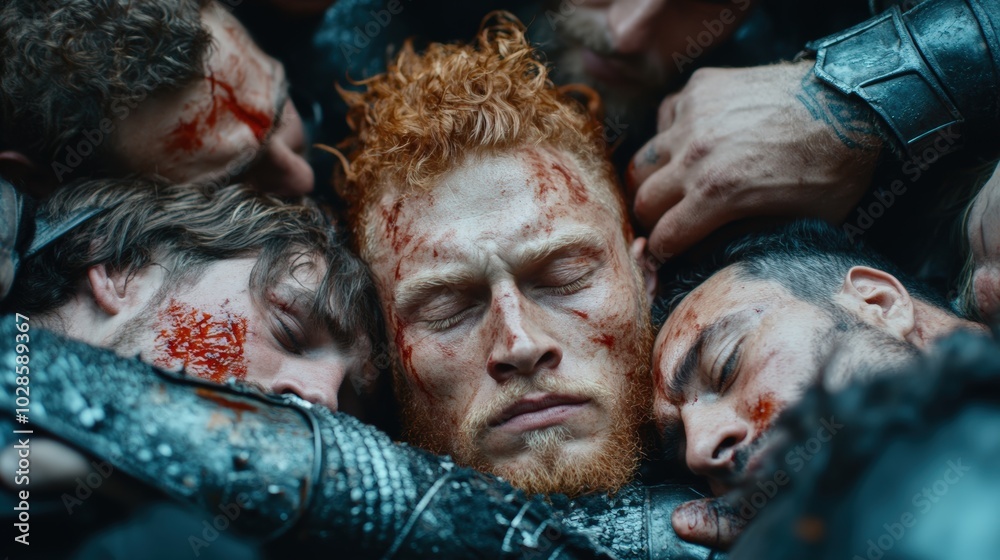 Warriors in fierce battle lie together, depicting a moment of intense struggle and camaraderie Warriors in fierce battle lie together, depicting a moment of intense struggle and camaraderie