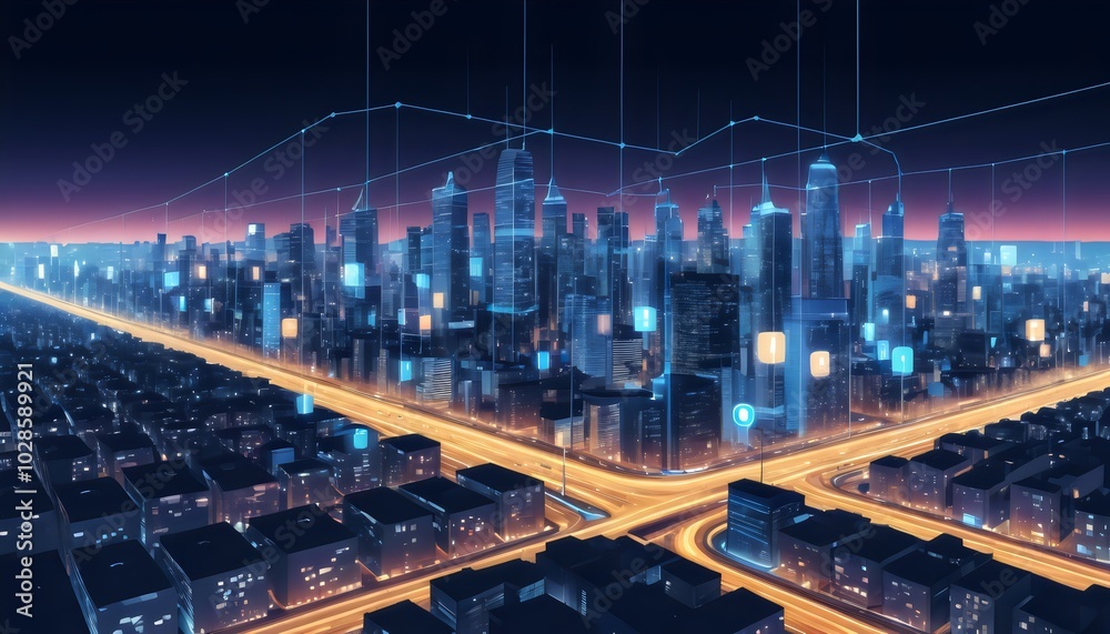 Conceptual illustration of a smart city at night, application development, Internet of things, smart life, information technology, gradient grid line, and metaverse connection technology