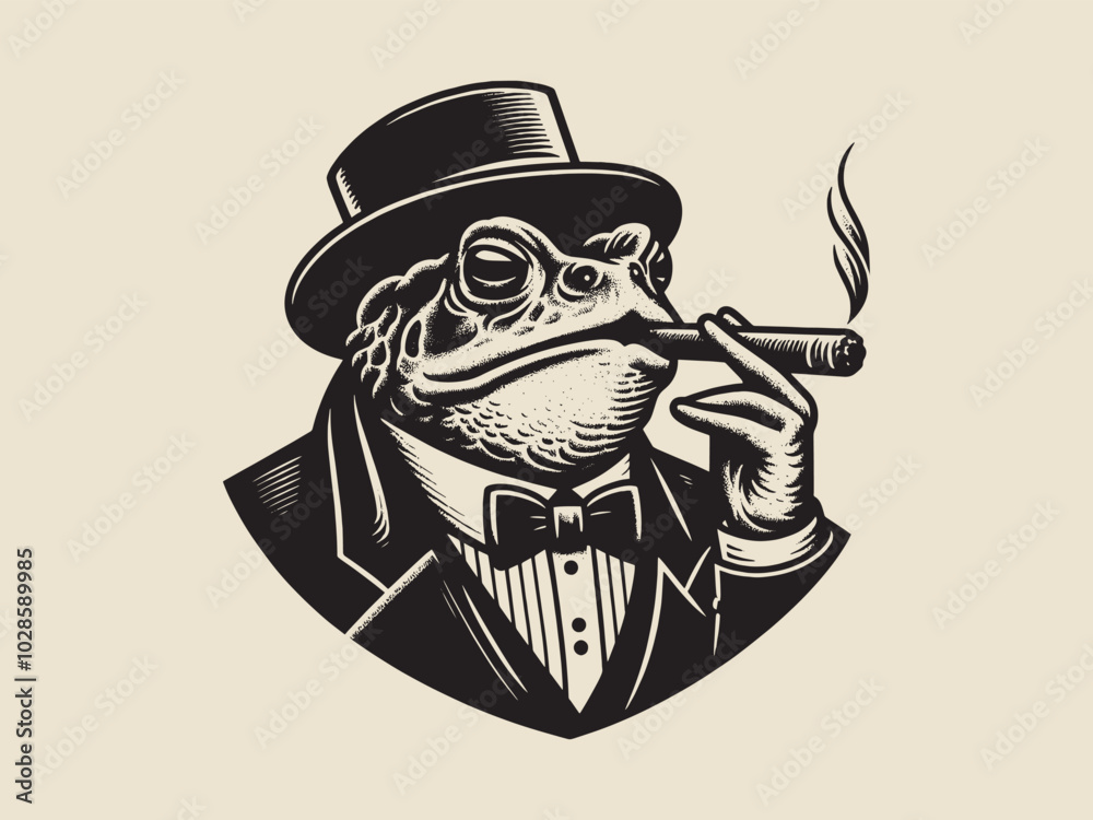 Fototapeta premium A frog in a tailcoat and top hat smokes a cigar. vintage engraving abstract vector illustration, emblem, print, tattoo sketch