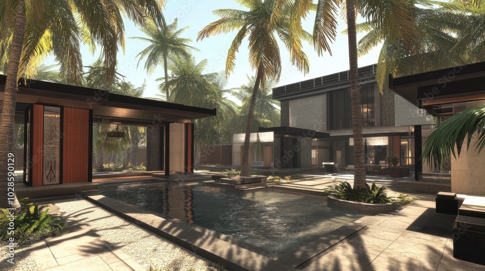 Fototapeta premium Modern Tropical Villa with Sunlit Pool and Palm Trees