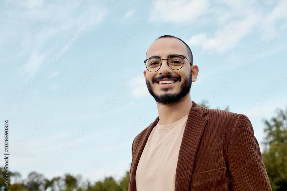 A well-dressed man smiles warmly while embracing the beauty of an autumn day in a scenic field. A well-dressed man smiles warmly while embracing the beauty of an autumn day in a scenic field.