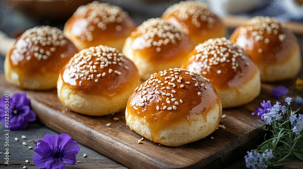 Mini brioche rolls topped with sesame seeds, isolated on a wooden board background with decorative honey drizzle and edible flowers Mini brioche rolls topped with sesame seeds, isolated on a wooden board background with decorative honey drizzle and edible flowers