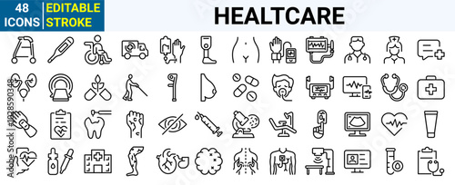 Healthcare related line icon set. Medicine and Health Care symbols. Emergency, medical equipment, doctor, lab, virus, prescription. Editable stroke