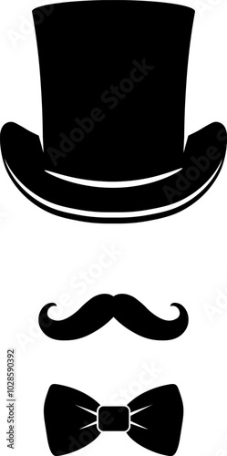 Top hat with mustache and bow tie icon.