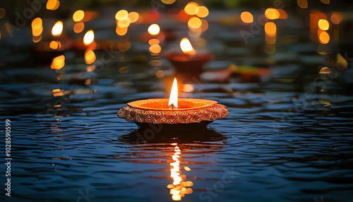 Burning candles floating in water for the Diwali festival, Indian festival of lights, India, Sri Lanka, Nepal, Hinduism photo