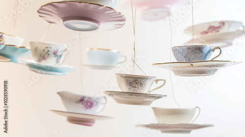 Hanging Porcelain Teacups on Soft Creamy Background for Elegant Decor photo