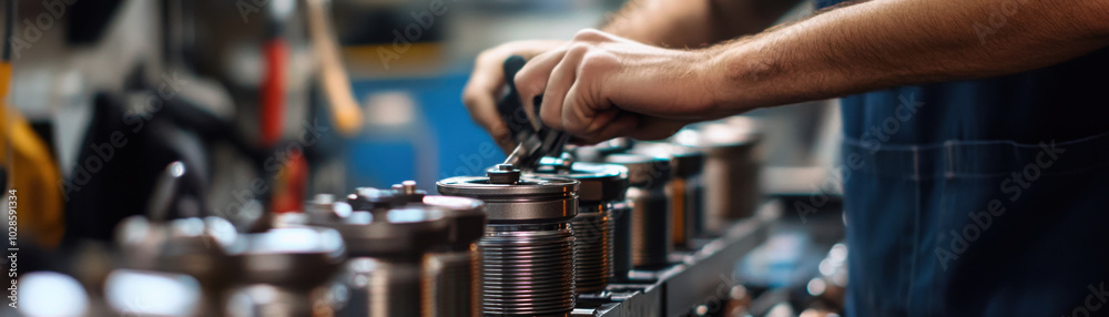 Focused view of technician working on engine cylinder heads, showcasing precision and skill in automotive repair. hands are actively engaged in task, highlighting importance of craftsmanship Focused view of technician working on engine cylinder heads, showcasing precision and skill in automotive repair. hands are actively engaged in task, highlighting importance of craftsmanship
