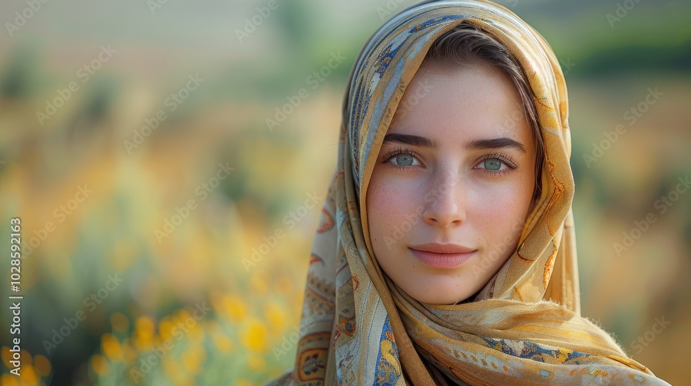 Portrait of a beautiful young Muslim woman in hijab, close-up, with a blurred nature background Portrait of a beautiful young Muslim woman in hijab, close-up, with a blurred nature background