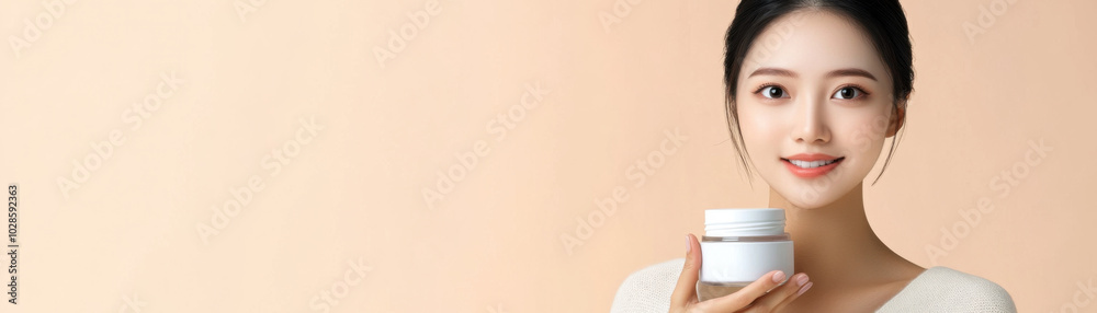 Elegant Asian woman holding jar of cream, showcasing skincare. Her radiant smile and soft background create warm, inviting atmosphere Elegant Asian woman holding jar of cream, showcasing skincare. Her radiant smile and soft background create warm, inviting atmosphere